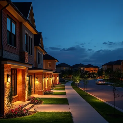 Lighting installation in Colleyville TX showcasing outdoor fixtures illuminating brick facades, landscaped yards, and neighborhood ambiance at twilight