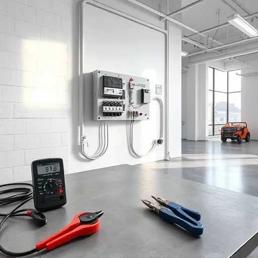 Completed modern electrical installation in Haltom City TX features sleek panel, organized wiring, and polished concrete floor.
