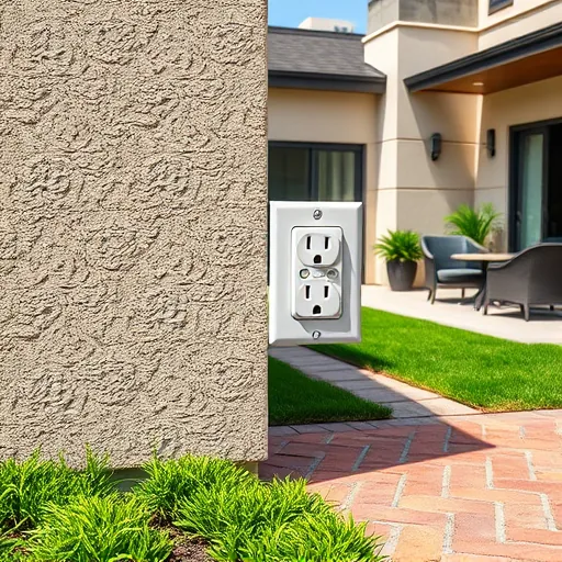 Outdoor electrical outlet on textured stucco wall with landscaped brick pathway and modern patio in Fort Worth TX