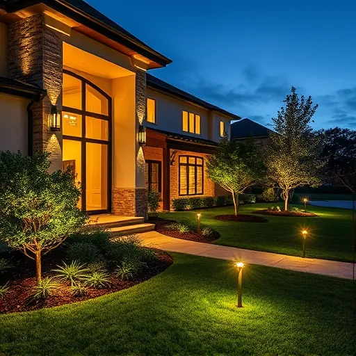 Professionally completed outdoor lighting installation in Southlake Texas highlighting a modern home, landscaped garden, and inviting evening ambiance