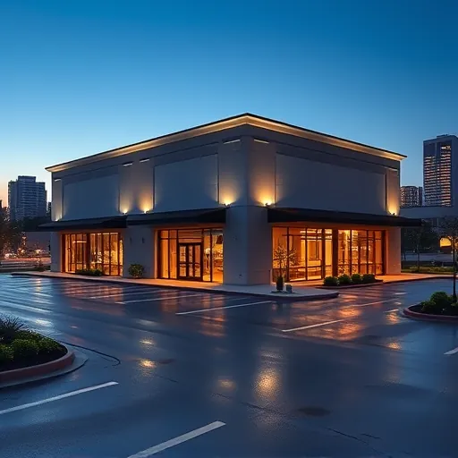 Completed modern LED lighting installation on a commercial building in Haltom City TX with illuminated facade and landscaped surroundings
