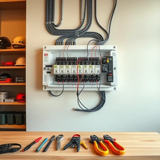 Completed electrical installation in Benbrook TX showcasing organized wiring in a modern panel with tools on a workbench.