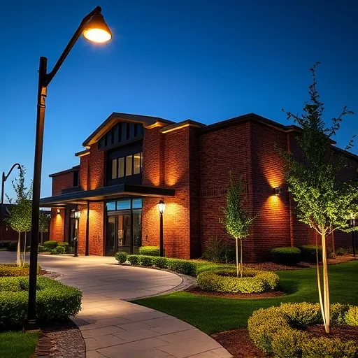 Completed lighting installation in Highland Village TX illuminates a landscaped commercial property with modern fixtures.