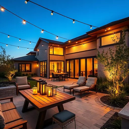 Completed modern outdoor lighting installation in Argyle TX featuring illuminated patio, string lights, lanterns, landscape lights, and a stylish home at dusk