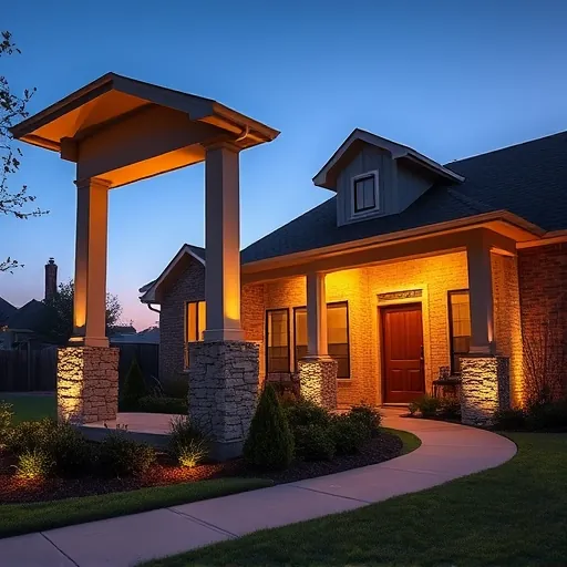 Modern residential porch in Grapevine TX illuminated with warm LED lights highlighting sleek design and pristine landscaping