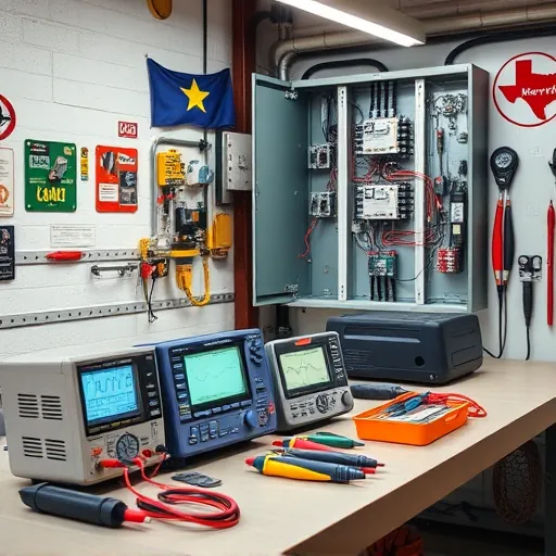 Organized electrical workshop in Fort Worth TX with digital tools, open circuit electrical panel, and Texas-themed decor.