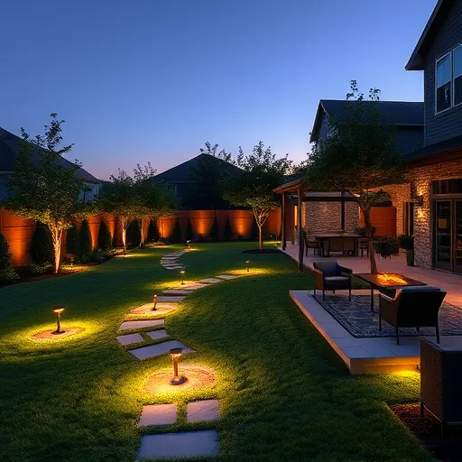 Professionally installed LED outdoor lighting in a modern Texas backyard at dusk with landscaped lawn and patio.