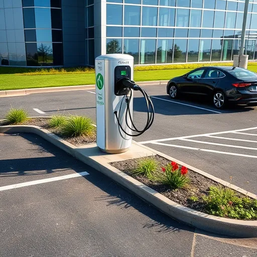 Newly installed sleek EV charging station in modern Fort Worth parking lot with landscaped surroundings and glass-front building
