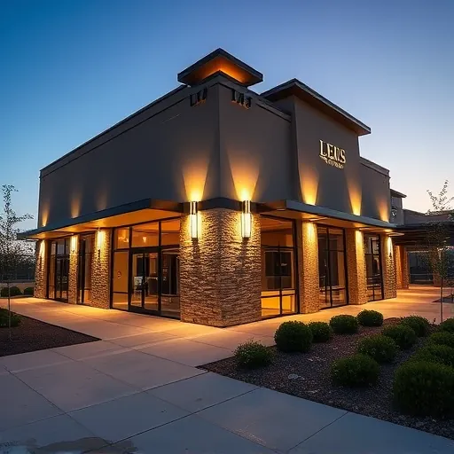 Modern building illuminated by warm LED exterior lighting in White Settlement Texas during twilight with landscaped surroundings