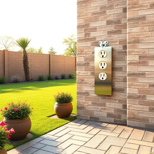 Newly installed outdoor electrical outlet on a textured brick wall in a stylish Fort Worth backyard with potted plants and lush lawn