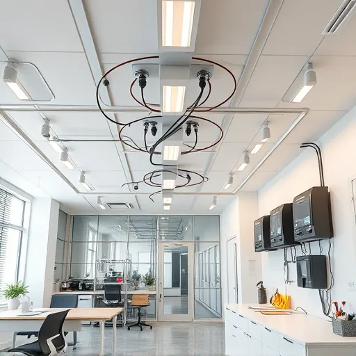 Sleek electrical installation in a modern office in Saginaw TX, featuring neat wiring, high-tech panels, and organized workspace.