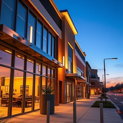 Completed LED lighting installation on modern commercial building in Grapevine TX at dusk highlighting architectural details and warm glow