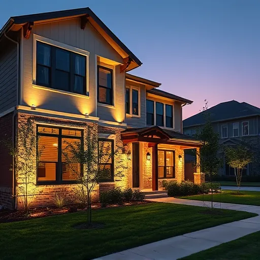 Modern residential exterior illuminated by LED lighting in Coppell Texas with landscaped yard and twilight sky