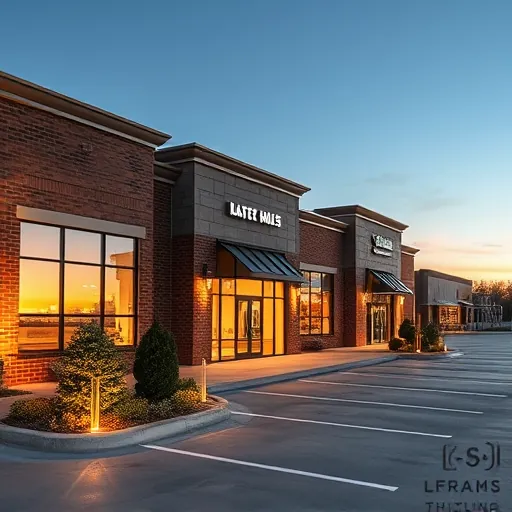 Outdoor commercial building in Richland Hills TX at dusk with expertly installed LED lighting highlighting architecture and landscaping