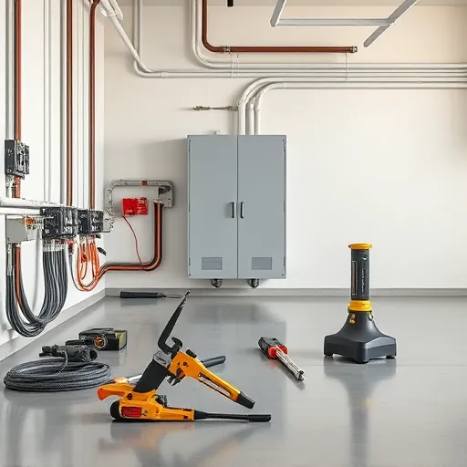 Clean and organized electrical installation in Hurst, TX featuring circuit breakers, wiring, and polished concrete floor.