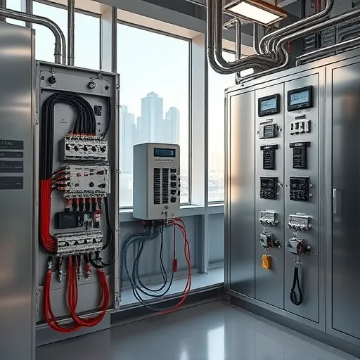 Completed electrical troubleshooting scene in Fort Worth TX featuring a modern control panel with organized wiring, sleek environment, and city view