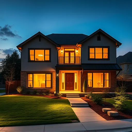 Modern residential exterior at dusk in Lewisville TX with warm LED lighting highlighting architecture and landscaping