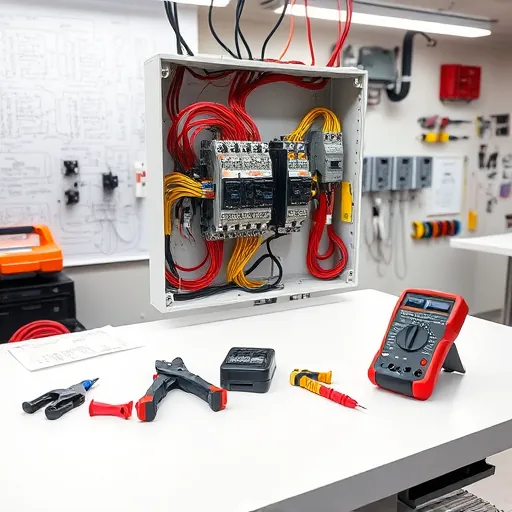 Completed electrical installation in Denton TX featuring an organized panel and tools on a polished workbench.