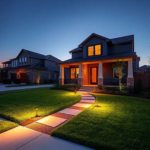 Completed residential lighting installation in White Settlement TX showcasing modern house, lush yard, pathway lights at dusk