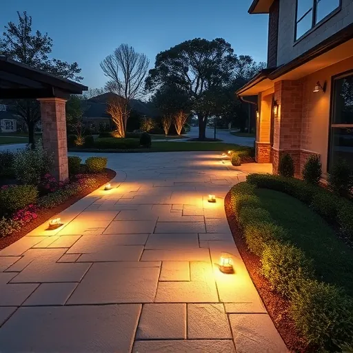 Modern residential driveway in Colleyville TX with warm LED pathway lights highlighting stone walkway and lush landscaping.