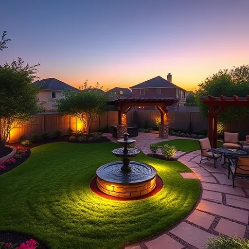 Completed outdoor lighting installation in Fort Worth TX showcases a modern backyard at dusk with landscape lighting, firepit, and stylish patio