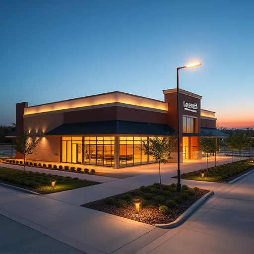 Completed outdoor LED lighting installation in Saginaw TX highlighting modern building facade, landscape, and twilight ambiance