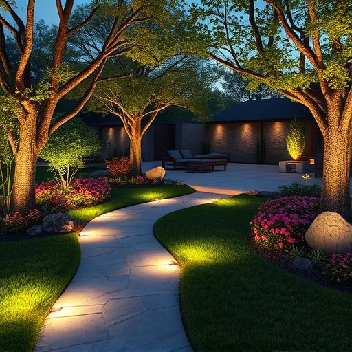 Beautiful illuminated backyard in Fort Worth with LED lighting, lush landscaping, modern patio, and string light pergola.