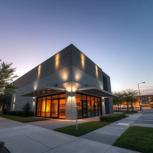 Completed LED lighting installation illuminates a sleek commercial building in Roanoke TX during dusk with urban background and landscaping