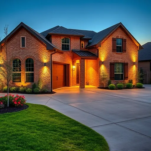 Beautiful residential lighting installation in Justin Texas illuminating brick home with landscape lighting at twilight