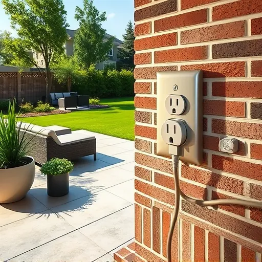 Freshly installed weatherproof outdoor electrical outlet on brick wall in a landscaped backyard with patio seating and lush greenery