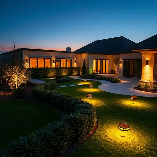 Outdoor lighting installation in White Settlement TX with LED fixtures illuminating landscaping, modern patio, and building details during sunset.