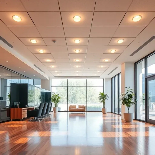 Modern residential living room in Fort Worth with recessed warm lighting, hardwood floors, large window showcasing city skyline