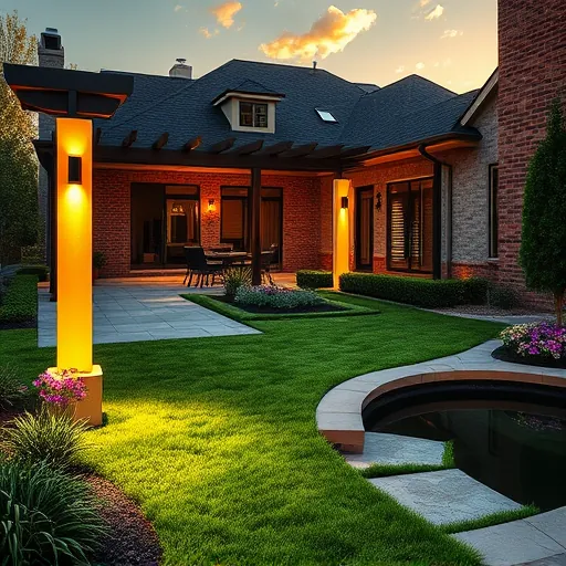Outdoor residential lighting installation in Coppell TX with warm golden hour sunlight highlighting stylish fixtures on a modern backyard patio