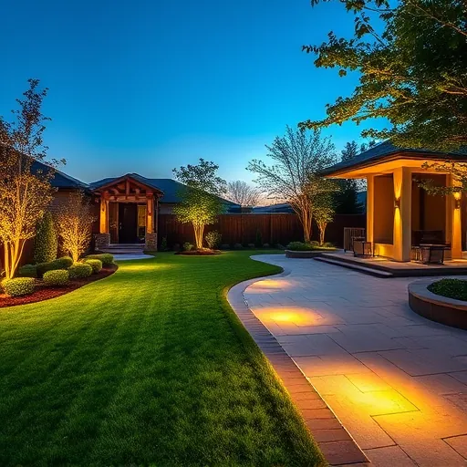 Modern outdoor lighting in Hurst TX showing LED fixtures illuminating landscaped yard with trees, patio, and sunset sky