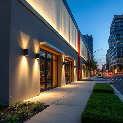 Lighting installation on a modern commercial building in Irving TX highlights architectural details with inviting LED fixtures.
