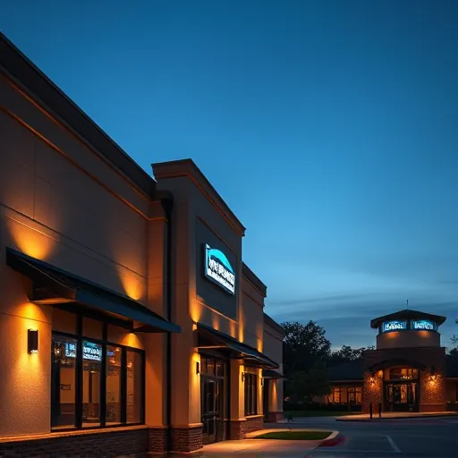 Completed lighting installation in Richland Hills TX with LED fixtures illuminating a commercial building at dusk.