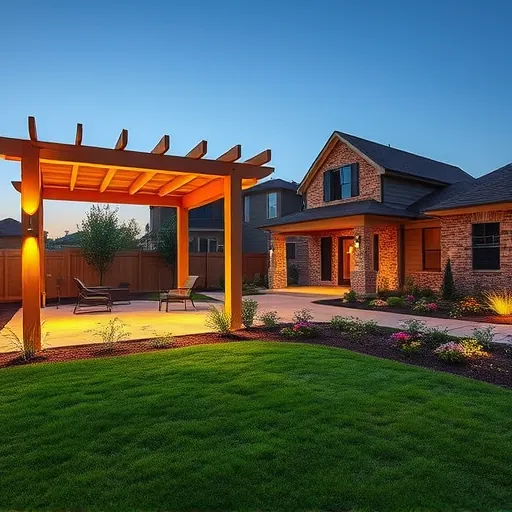 Completed outdoor LED lighting installation in Azle TX illuminating a modern patio garden with a stylish pergola and landscaped yard