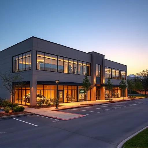Modern commercial building in Trophy Club TX illuminated with warm LED exterior lighting, showcasing sleek architecture and landscaped surroundings.