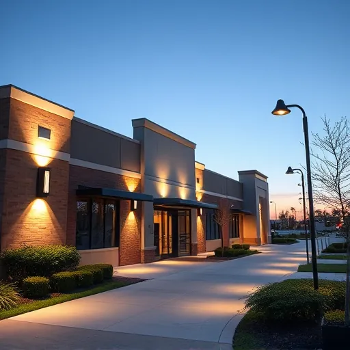 Lighting installation in Hurst TX highlights modern LED fixtures on a commercial building with elegant landscaping.