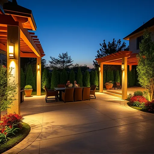 Meticulously designed modern backyard lighting installation in Flower Mound TX at dusk, featuring warm LED lights and elegant patio.