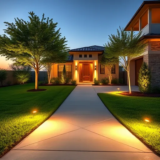 Modern residential outdoor lighting in Joshua Texas highlighting landscaped yard, LED fixtures, and dusk sky ambiance