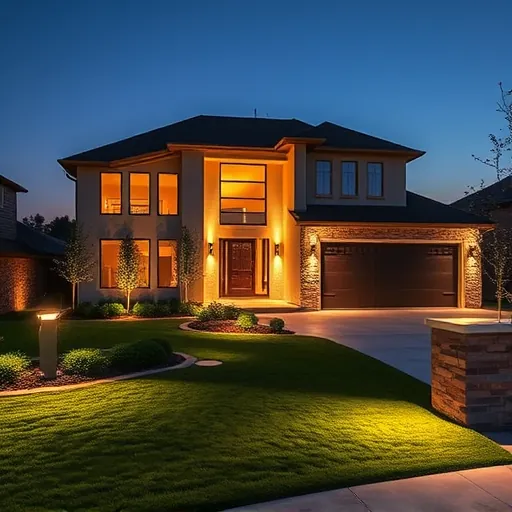 Well-lit modern residential driveway in Burleson TX featuring sleek LED lights, landscaped yard, and elegant home exterior at dusk