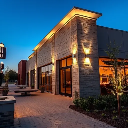Perfectly installed modern LED lighting illuminates a sleek building in Fort Worth, TX, showcasing elegant design and landscaping.