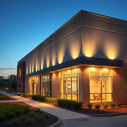 Completed LED lighting installation on modern commercial building in Lewisville TX at dusk with landscaped surroundings and cityscape background