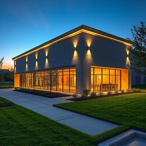 Newly installed LED lighting on a modern commercial building in Colleyville Texas with landscaped surroundings at twilight
