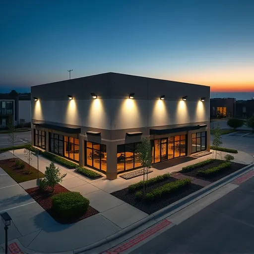 Completed modern LED exterior lighting installation on a commercial building in Crowley Texas glowing at dusk