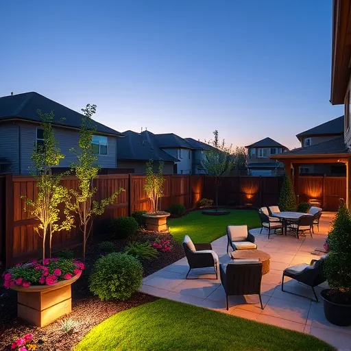 Well-lit upscale residential backyard in North Richland Hills with modern outdoor fixtures and lush landscaping at dusk