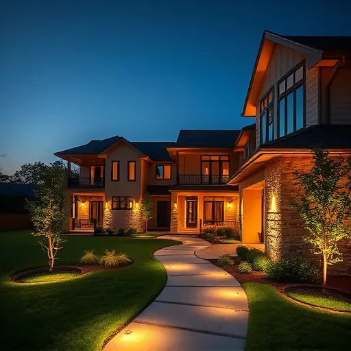 Completed outdoor lighting installation in Aledo Texas highlighting modern fixtures illuminating building façade landscaping and pathways at dusk