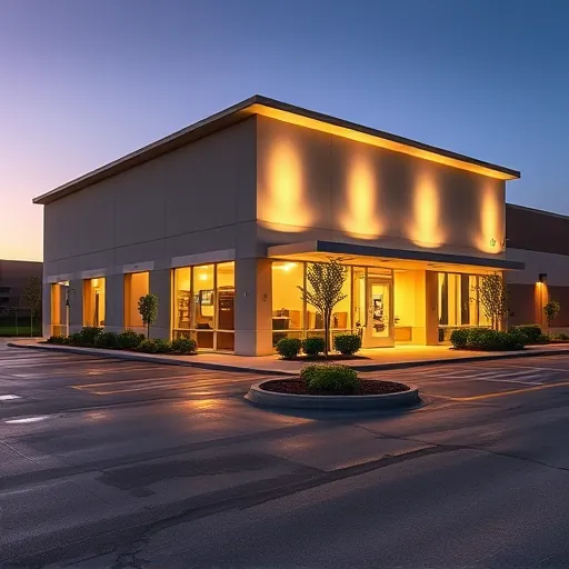 Exterior modern commercial building in Arlington TX lit with warm LED fixtures highlighting architecture at twilight with landscaped parking lot
