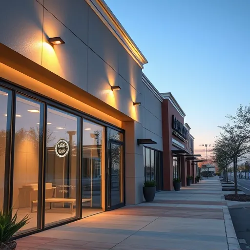 Lighting installation on modern Roanoke building facade with energy-efficient fixtures, glass reflections, and twilight ambiance